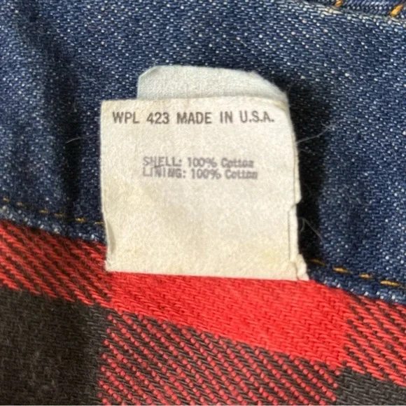 Levi's Vintage Red and Black Buffalo Plaid Trucker Denim Jacket. Size 42
